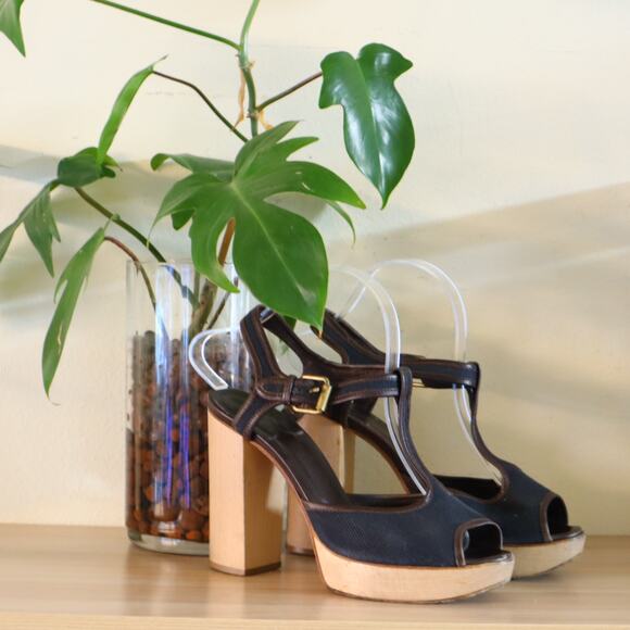 Women's Chloe Brown & Navy Leather-Canvas Strappy Block Heels Sz 39/US 9 - Picture 1 of 7